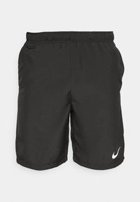 Svarta idrottsshorts gjorda av ett glatt, lättviktigt tyg med en elastisk midja och en liten vit Nike-logotyp i nedre vänstra hörnet.