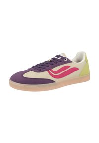 Tenisky s fialovým semišem a béžovým plátěným svrchem, s růžovým vlnkovým designem a světlou zelenou akcentací na patě. Gumová podrážka.