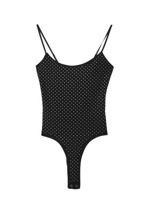 Čierny body s tenkými ramienkami, bielymi bodkami a patentkami v oblasti rozkroku.