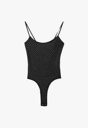 Czarny bodysuit z cienkimi ramiączkami, białe kropki i zatrzaski w okolicy krocza.