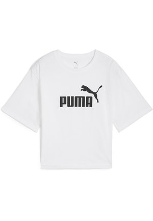 White short-sleeve crop top with black Puma logo and leaping puma graphic centered on the front.
