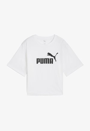 Witte korte mouw crop top met zwart Puma-logo en een sprongende puma-afbeelding gecentreerd op de voorkant.