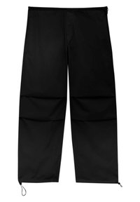 Zwarte, lichtgewicht, waterdichte broek met een rechte snit, elastische tailleband en verstelbare zoom. Glad textuur zonder zichtbare patronen.