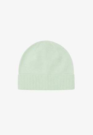 Licht mintgroene gebreide beanie met een omgeslagen ribbelboord en een gladde top, met een naadloos ontwerp.