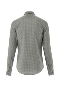 Grün-weiß kariertes Langarmhemd mit einem Kentkragen, Knopfmanschetten und abgerundetem Saum. Material in Baumwollmischung mit strukturierter Oberfläche.