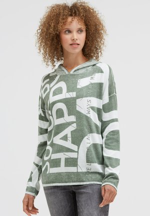 Grün-weißes Kapuzen-Sweatshirt mit großen Schriftzügen, weicher Textur, langen Ärmeln und lässigem Schnitt.