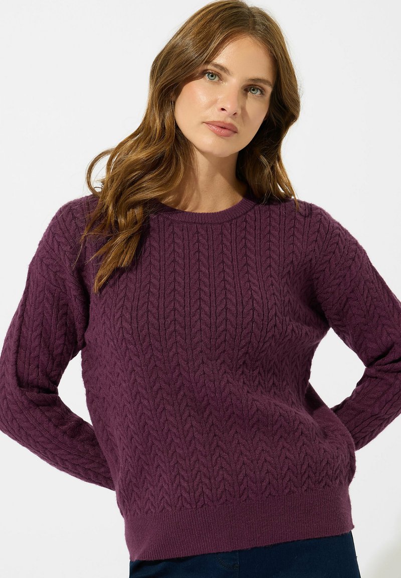 Maglione viola a treccia, con maniche lunghe, scollatura tonda e orlo a costine. Tessuto morbido con un motivo spesso.