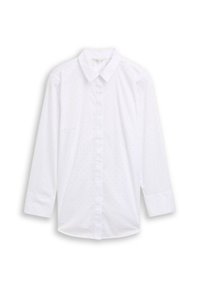 Wit overhemd met lange mouwen, voorzien van een klassieke kraag, knoopsluiting aan de voorkant en een subtiel stippenpatroon over de stof.
