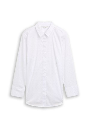 Weißes Langarmhemd mit klassischem Kragen, Knopfleiste und dezentem Polka-Dot-Muster auf dem Stoff.