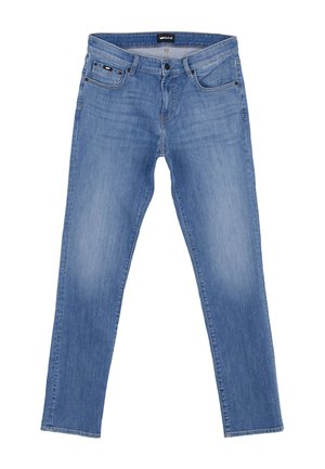 Jasnoniebieskie, dopasowane jeansy z denimu z przednimi kieszeniami, zapięciem na guziki i subtelnym blaknięciem na udach i kolanach.