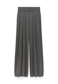 Culotte grigie plissettate realizzate in un tessuto testurizzato, con una vestibilità a gamba larga e una vita elastica per un comfort rilassato.