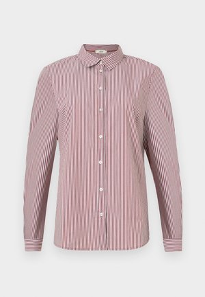 Red and white striped long-sleeve button-up shirt with a collar and white buttons, featuring a relaxed fit and a smooth cotton texture.
