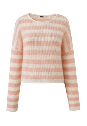 Leichtes gestreiftes Sweatshirt in sanftem Pastellrosa und Creme. Verfügt über lange Ärmel, einen runden Ausschnitt und eine lockere, verkürzte Passform.