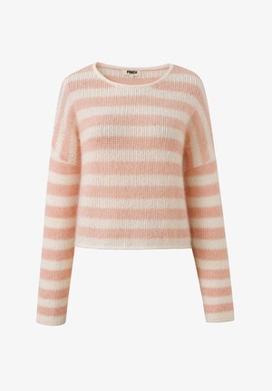 Lichte gestreepte trui in zachte pastelroze en crème. Heeft lange mouwen, een ronde halslijn en een ontspannen cropped pasvorm.