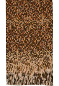 Leopardiprindiga kangas, kus on oranž, must ja tan värvitoon, mis omab ombre-efekti täppidest triipudeni. Pehme tekstuur, fringed servad.