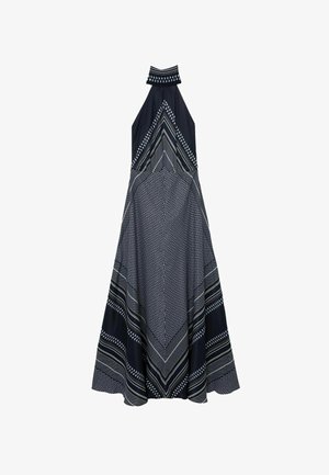 Rochie maxi fără mâneci, cu guler halter, cu modele geometrice alb-negru și dungi care formează desene în formă de Chevron și punctate.