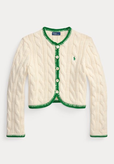 Krēmkrāsas džemperis ar kabatas rakstu, zaļu apmali, priekšējām pogām, garām piedurknēm un nelielu izšūtu logo uz krūtīm.