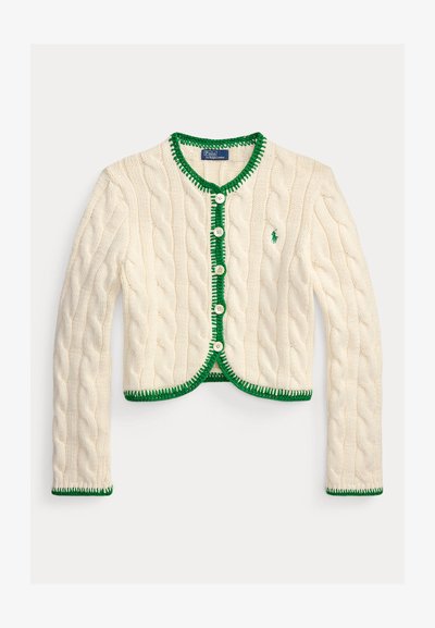 Krēmkrāsas džemperis ar kabatas rakstu, zaļu apmali, priekšējām pogām, garām piedurknēm un nelielu izšūtu logo uz krūtīm.