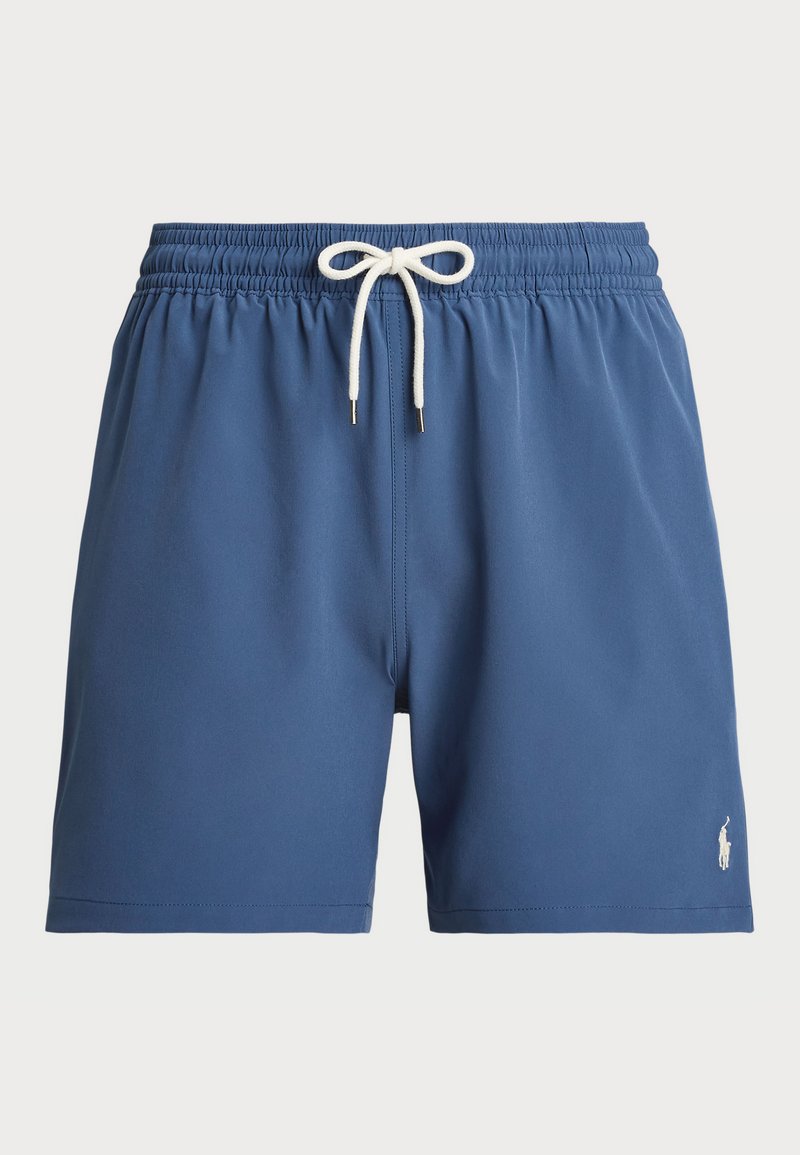 Modre kopalne hlače z elastičnim pasom in belim vrvico. Imajo majhen izšit logotip na spodnjem desnem delu. Gladka tekstura tkanine.