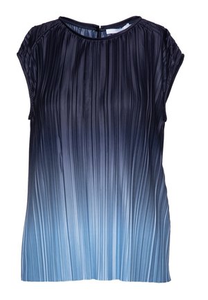 Bluzka bez rękawów z plisami i okrągłym dekoltem, z przejściem koloru od czarnego do jasno niebieskiego.
