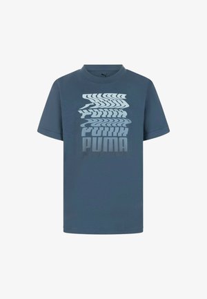 T-shirt in cotone blu con maniche corte, caratterizzato da una grafica ondulata multi-tono del nome del marchio "PUMA" in diverse dimensioni e stili.