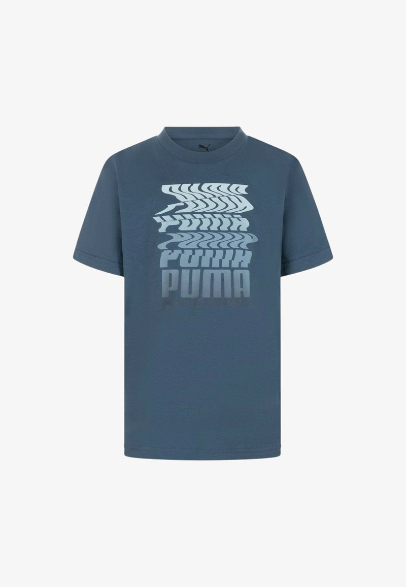T-shirt in cotone blu con maniche corte, caratterizzato da una grafica ondulata multi-tono del nome del marchio "PUMA" in diverse dimensioni e stili.