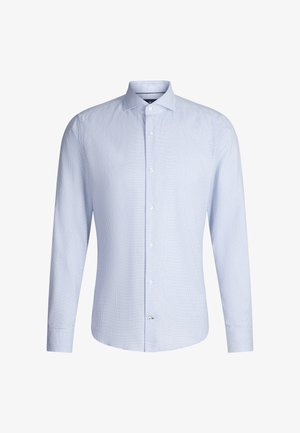 Jasnoniebieska koszula z długim rękawem w drobny wzór w kratkę, z kołnierzykiem na guziki i białymi guzikami. Miękka tkanina o gładkiej fakturze.