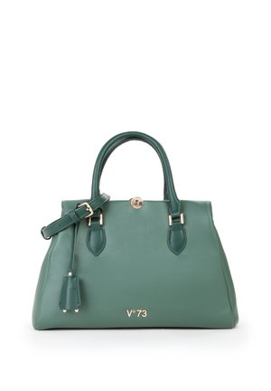 Borsa a mano in pelle verde con due manici, tracolla staccabile, ferrature dorate e logo "V°73" sul davanti in basso al centro.