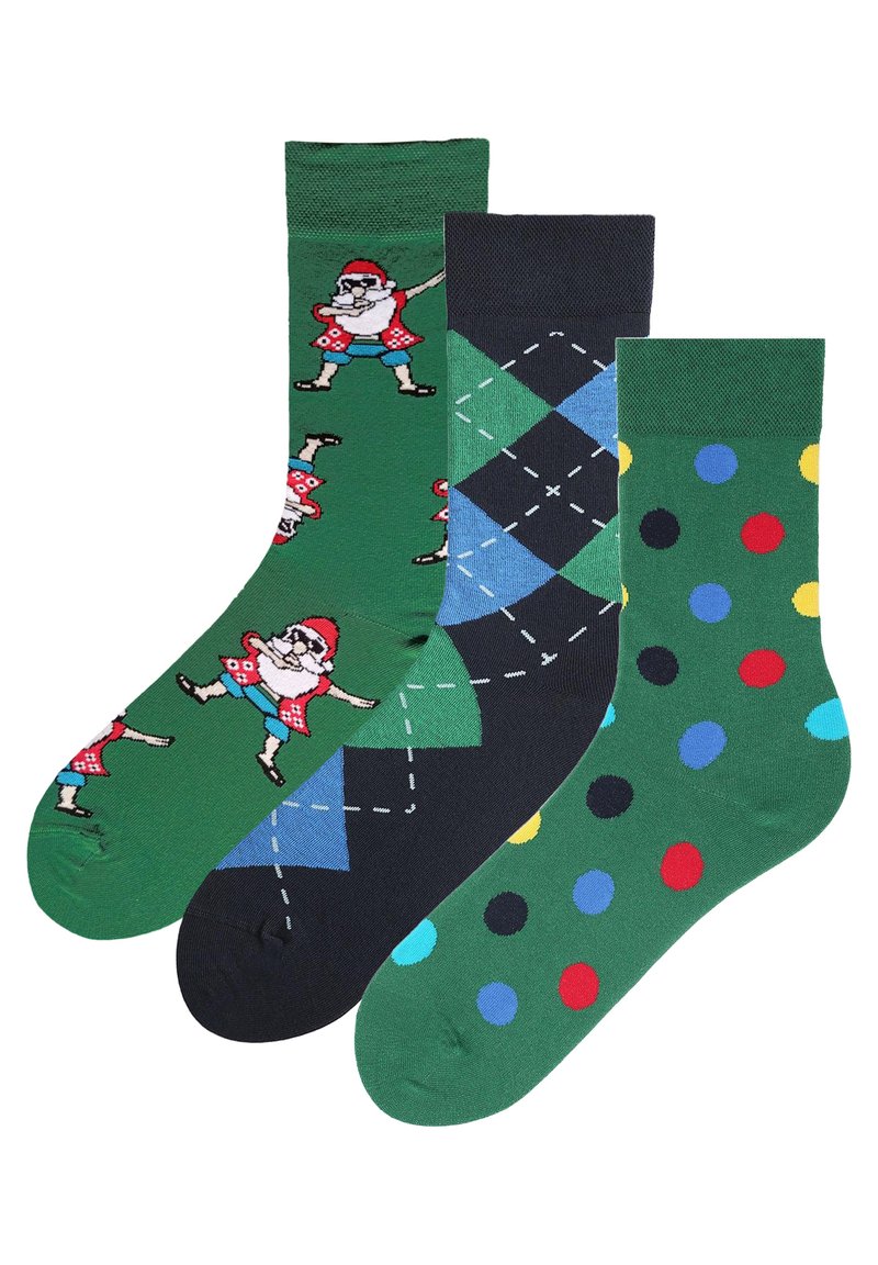 Trzy pary bawełnianych skarpetek: jedna zielona z zabawnym wzorem krasnoluda, jedna granatowa w wzór argyle, oraz jedna zielona w wielokolorowe kropki.