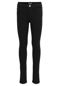 Černé elastické džíny se slim fit, designem s pěti kapsami, zapínáním na knoflík a poutky na opasek. Vyrobeno z denimu s hladkou texturou.