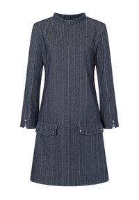 Dunkelgraues Langarmkleid mit Nadelstreifen, runder Ausschnitt und zwei Taschen mit Knopfklappe an den Hüften.