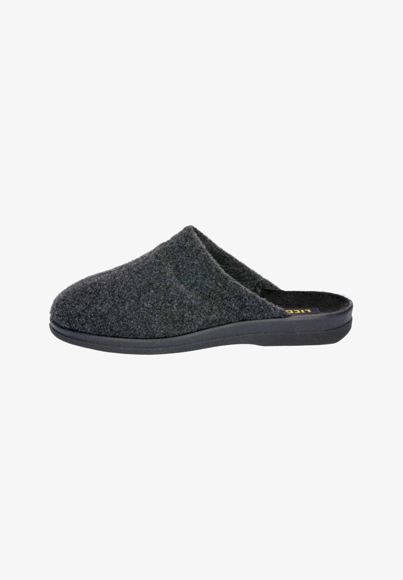 Gray felt slipper with open back, curved upper, and black rubber sole. Features soft texture and minimalist design.