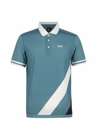 Turkos polotröja i slät tyg med vit krage, tre-knappars placket och diagonala vita och svarta detaljer på framsidan.