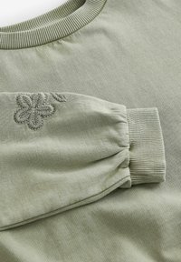 Hellgrüner Sweatshirt mit strukturiertem Stoff, geripptem Ausschnitt, gerafftem Ärmeldetail und besticktem Blumenmuster.