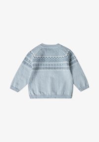 Helleblaue Strickjacke mit einem geometrischen Muster in Dunkelblau über den Schultern. Rippstrickbündchen und -saum, Rundhalsausschnitt.