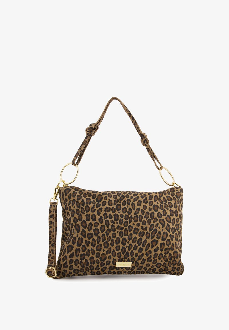 Sac à main en simili cuir léopard avec un tissu doux et texturé, quincaillerie dorée, une bandoulière amovible et une forme rectangulaire.