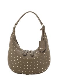 Olive green leather handbag with gold studs, short shoulder strap, zipper closure, and small attached tag with "abro" logo.