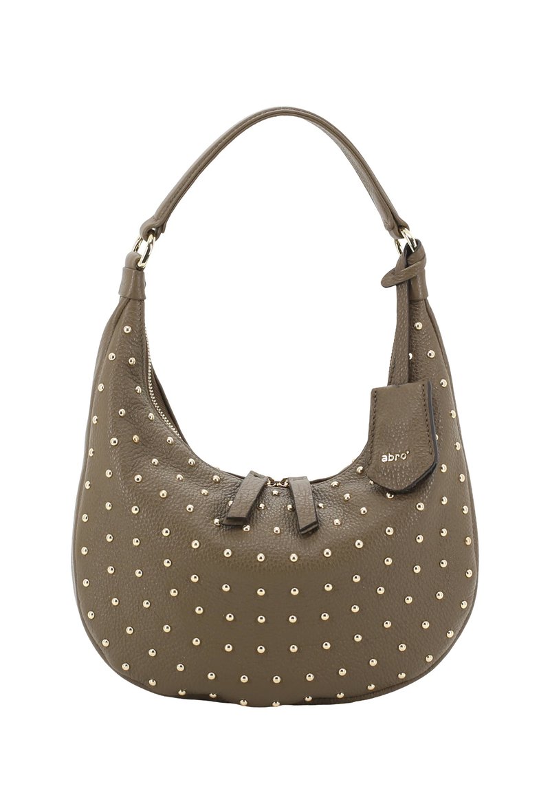 Olive green leather handbag with gold studs, short shoulder strap, zipper closure, and small attached tag with "abro" logo.