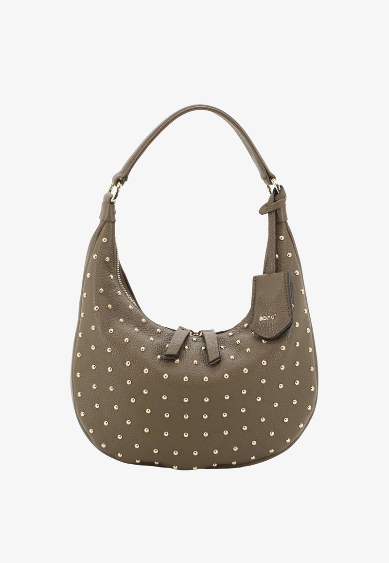 Olive green leather handbag with gold studs, short shoulder strap, zipper closure, and small attached tag with "abro" logo.