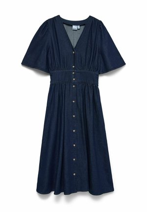 Mørkeblå denim midikjole med korte ærmer, V-hals, indsnævret talje og knaplukning foran.