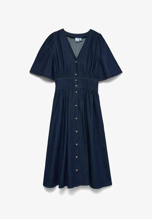 Mørkeblå denim midikjole med korte ærmer, V-hals, indsnævret talje og knaplukning foran.