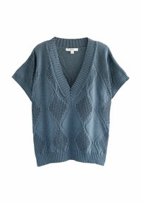 Pulover albastru tricotat cu model de diamant, mâneci scurte și decolteu în V. Manșetele și tivul refiletate oferă textură suplimentară.