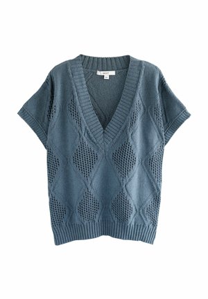 Blå strikket sweater med diamantmønster, korte ærmer og V-udskæring. Ribkanter ved ærmer og kant giver ekstra tekstur.