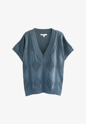 Blauer Strickpullover mit Rautenmuster, kurzen Ärmeln und V-Ausschnitt. Gerippte Bündchen und Saum sorgen für zusätzliche Struktur.