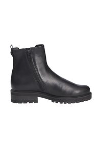 Zwarte leren enkellaarsjes met een gladde afwerking, voorzien van een zijrits en een robuuste rubberen zool voor betere grip.