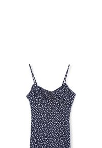 Navy blue dress with white floral pattern, thin adjustable straps, fitted bodice, and a gathered detail at the neckline.