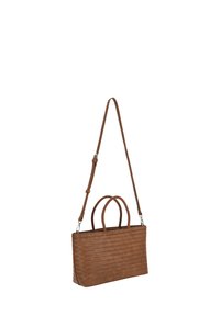 Bruine geweven handtas met een gestructureerde rechthoekige vorm, dubbele bovenhandvatten en een afneembare schouderriem. Voorzien van een getextureerd visgraatpatroon.