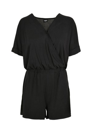 Must lühikeste varrukatega kombekas V-kaelusega ette rätikimuster ja elastne vöökoht, varrukatel mansetid ja laiad lühikesed püksid.