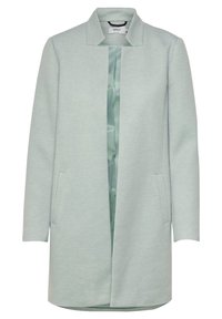 Abrigo verde claro, texturizado, con un diseño sin cuello, bolsillos laterales y un forro interior suave. De longitud media y con una silueta recta.