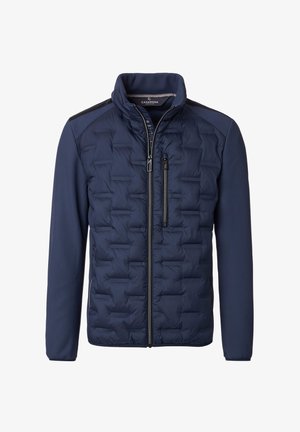 Marineblaue Steppjacke mit gestepptem Körper, glatten Ärmeln, hohem Kragen, Frontreißverschluss und Reißverschlusstasche auf der Brust.